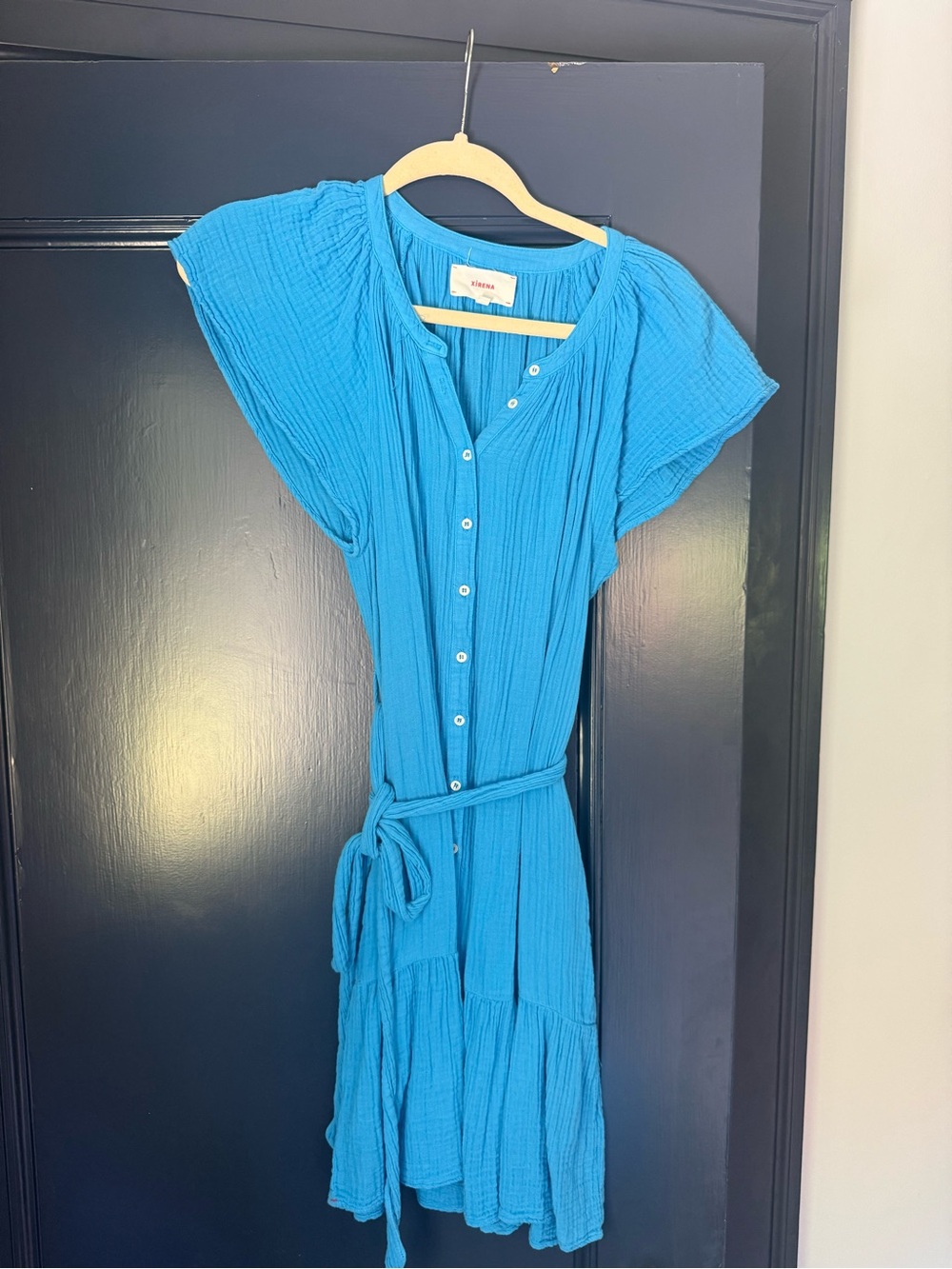 XiRENA Turquoise Button-Front Tiered Mini Dress with Tie Waist